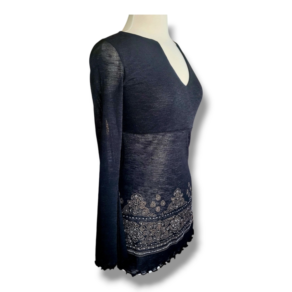 MCM Black/Tan Partially Sheer Long Sleeve Tunic with Décolleté Neckline. Size M - Picture 9 of 11